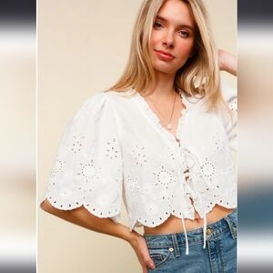 White Eyelet Lace Tie-Front Crop Top - Women